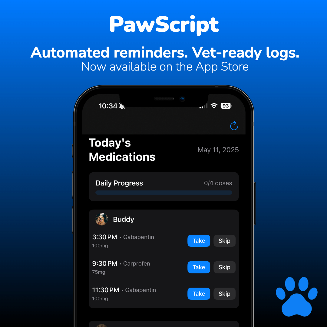 PawScript App showing medication reminders